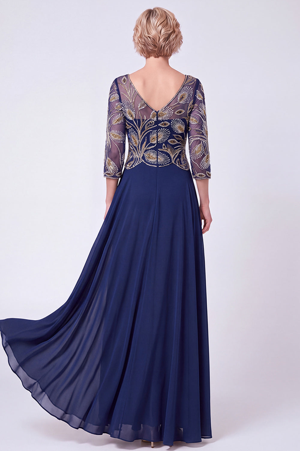 Navy Beaded A-Line V-Neck Long Mother Of The Bride Dress with Half Sleeves