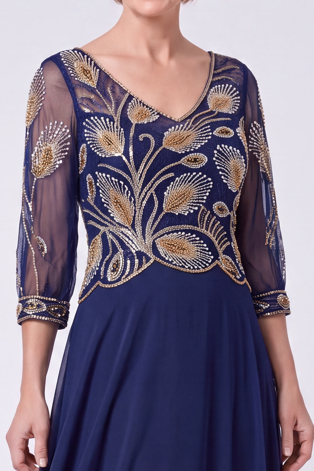 Navy Beaded A-Line V-Neck Long Mother Of The Bride Dress with Half Sleeves