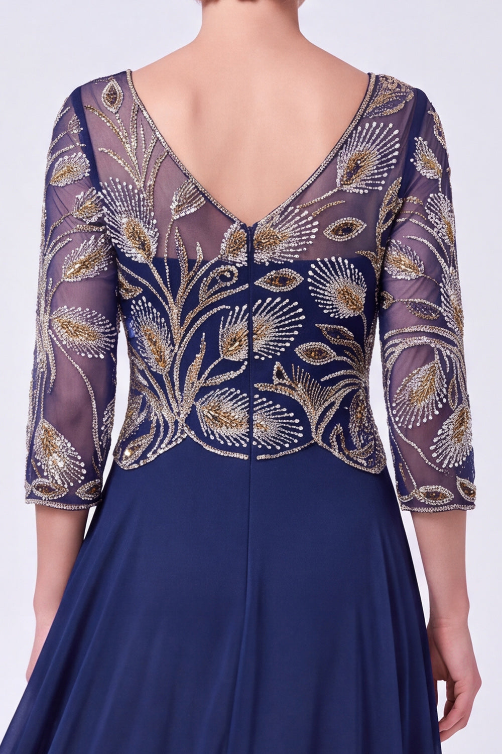 Navy Beaded A-Line V-Neck Long Mother Of The Bride Dress with Half Sleeves