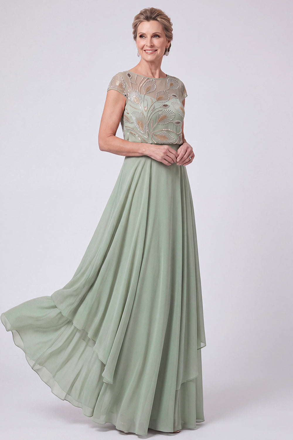 Navy A-Line Illusion Neck Beaded Long Mother Of The Bride Dress