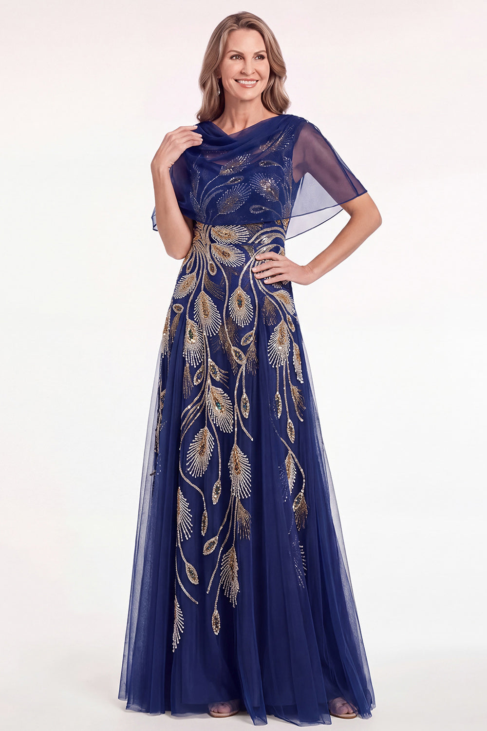 Navy Beaded Cape Sleeves A-Line Long Mother Of The Bride Dress