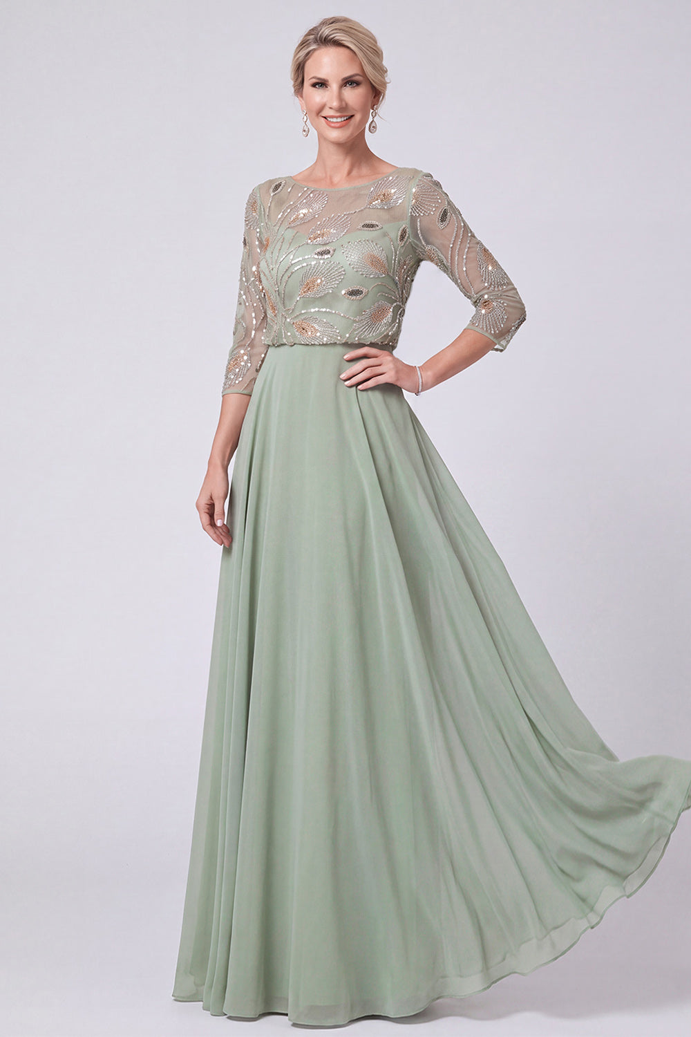 Navy A-Line Illusion Bateau Neck Beaded Long Mother Of The Bride Dress