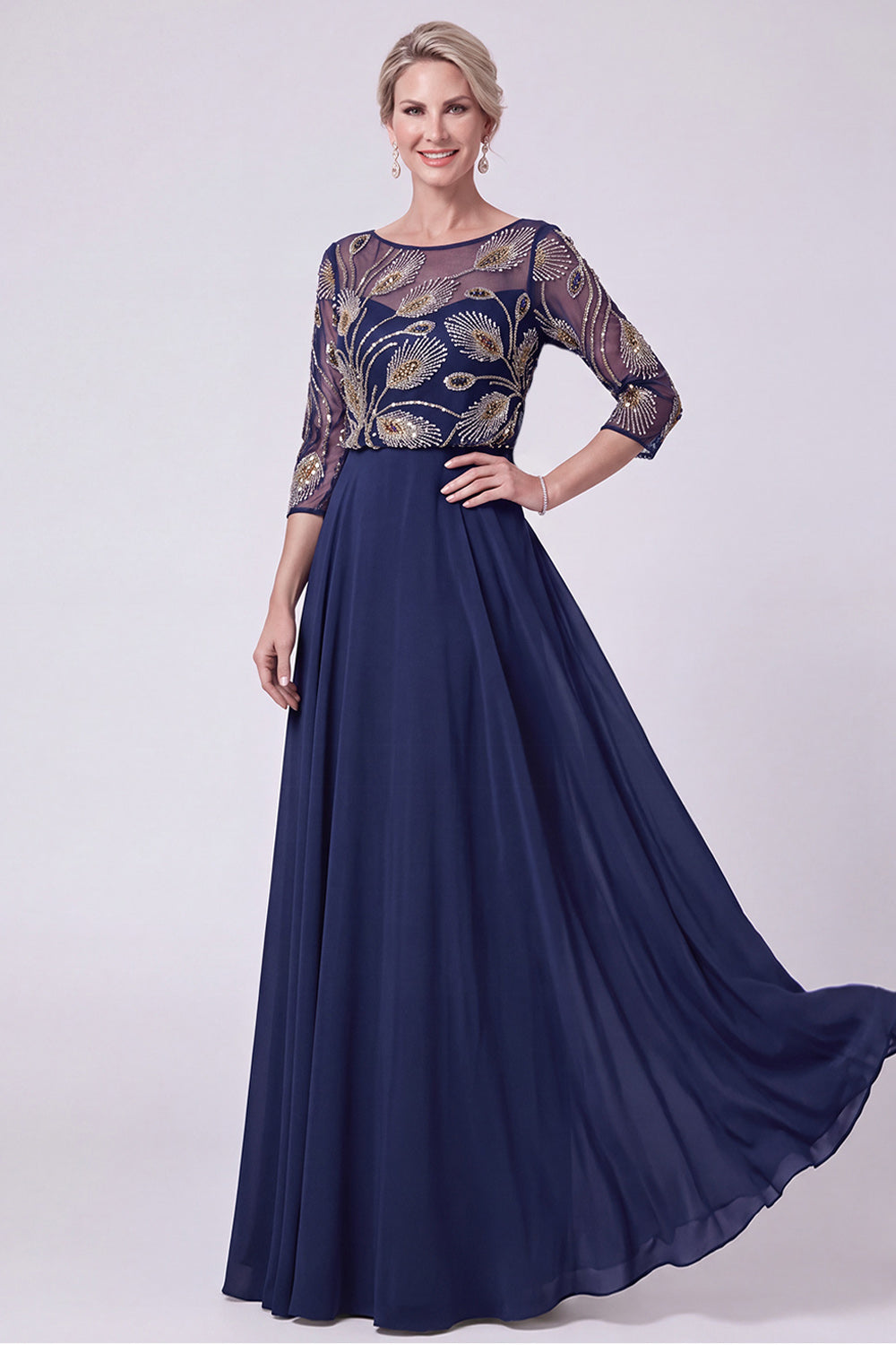 Navy A-Line Illusion Bateau Neck Beaded Long Mother Of The Bride Dress