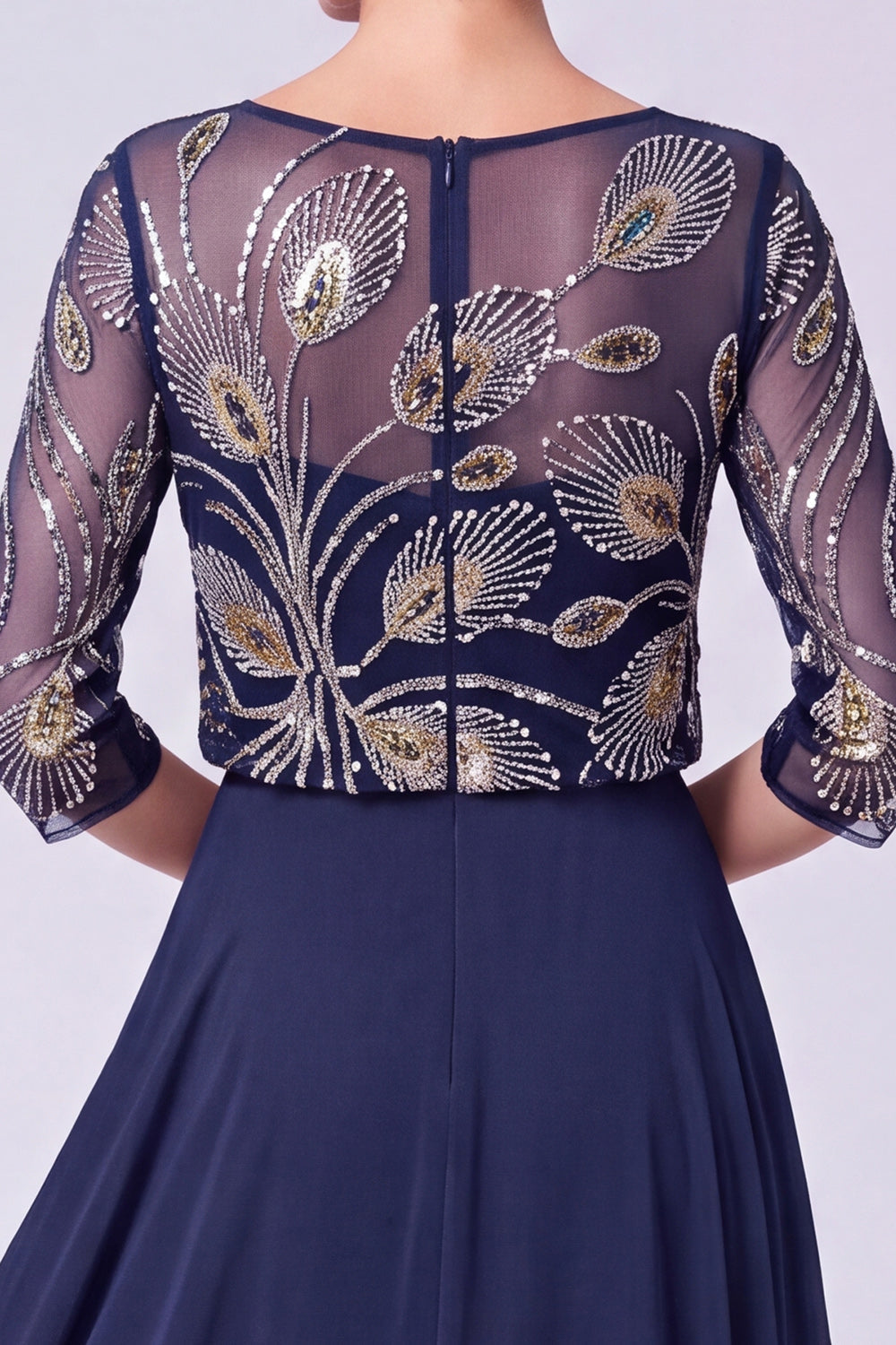 Navy A-Line Illusion Bateau Neck Beaded Long Mother Of The Bride Dress