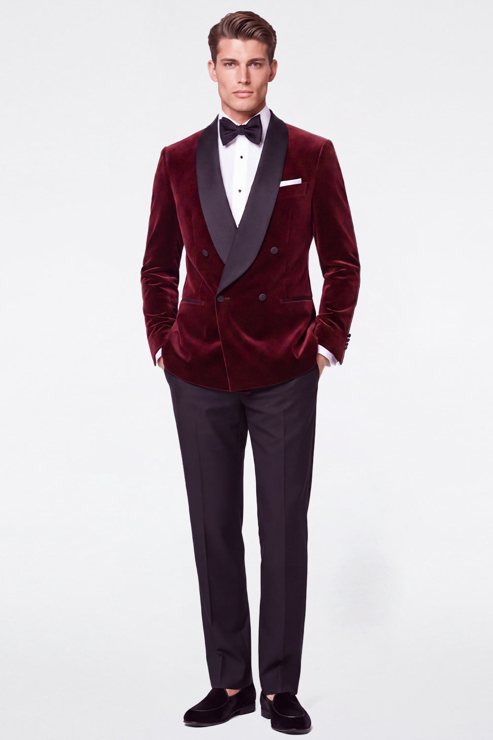Burgundy 2 Piece Velvet Shawl Lapel Double Breasted Men's Prom Suits