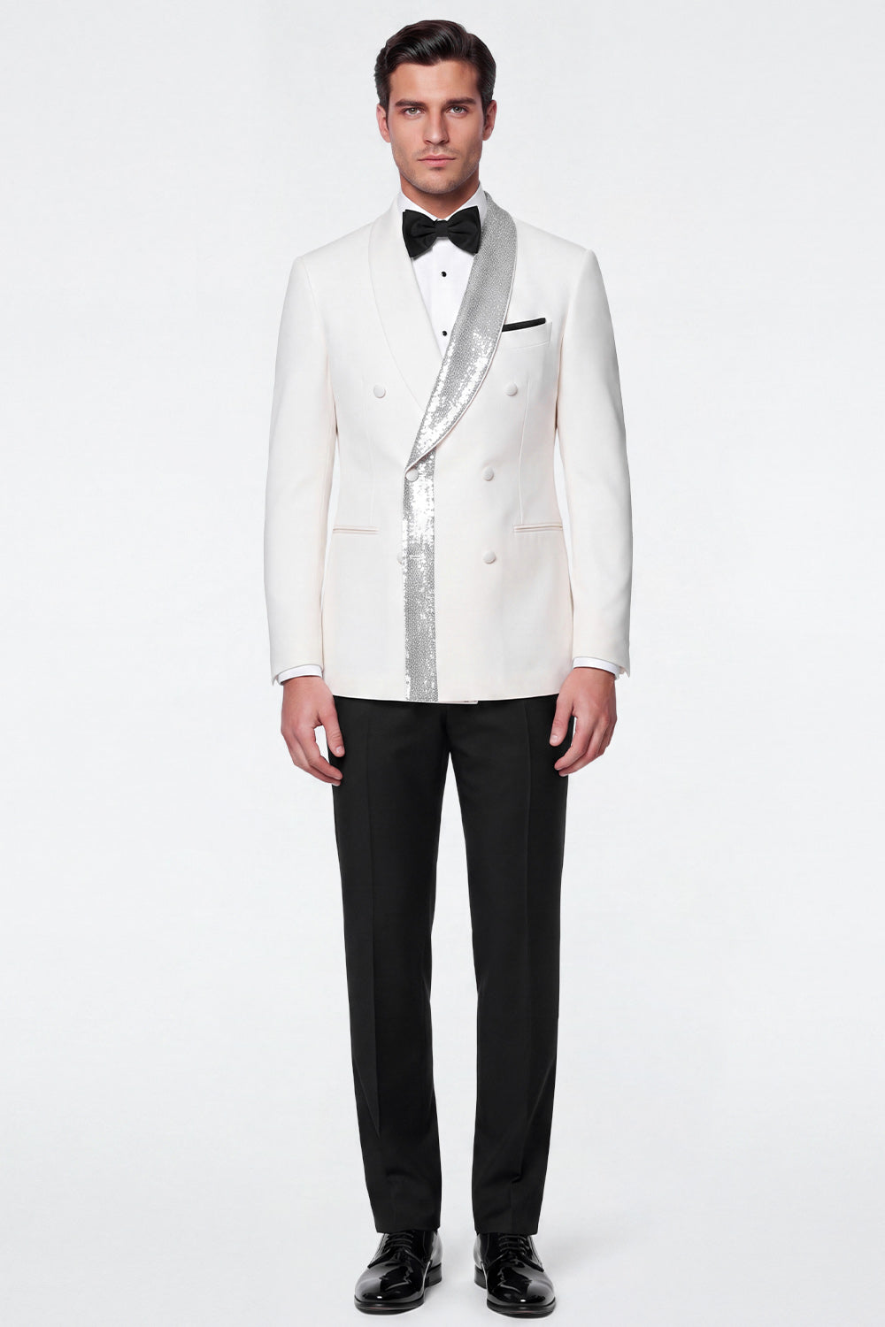 White 2 Piece Double Breasted Shawl Lapel Men's Prom Suits with Sequins