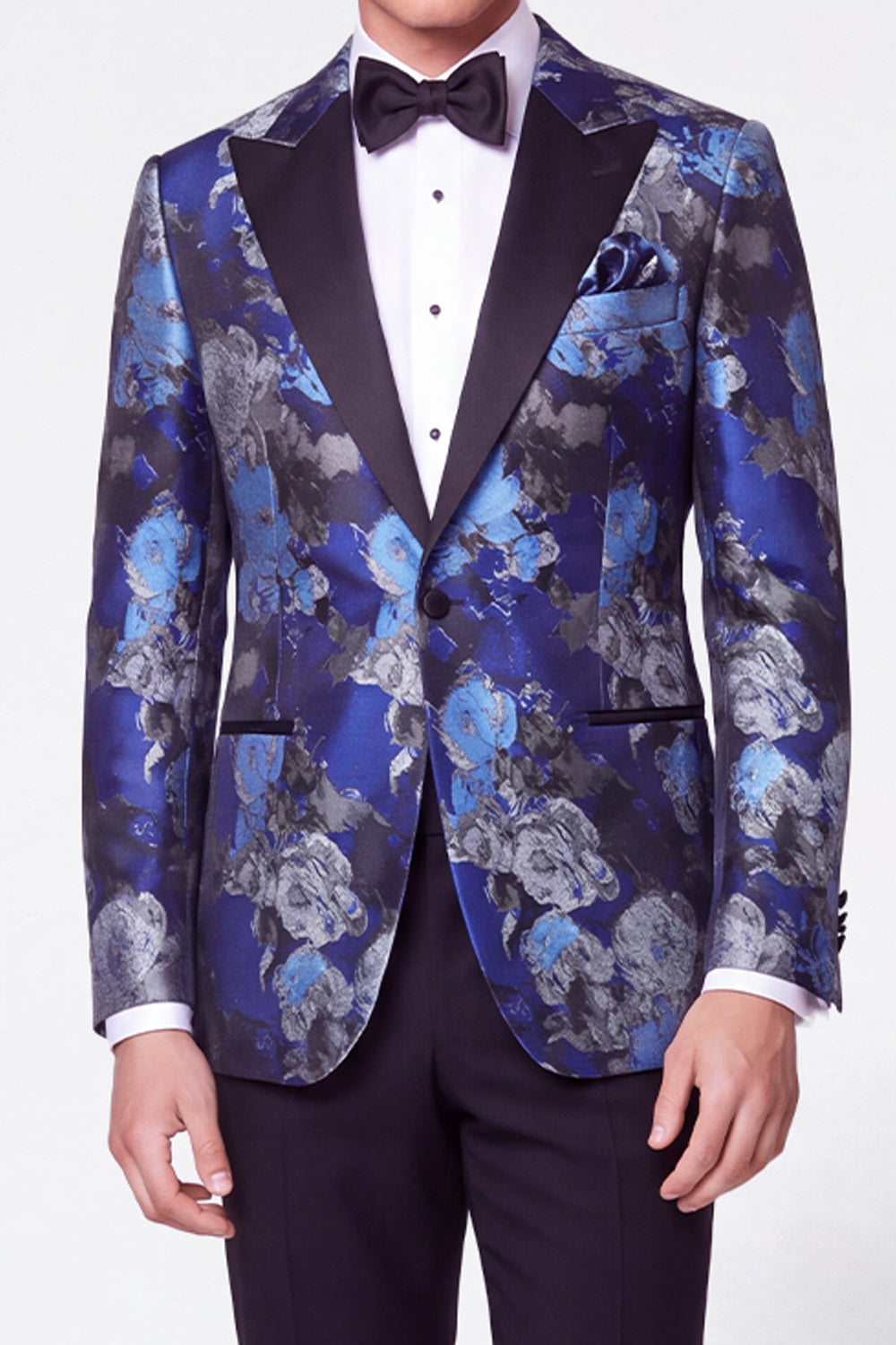 Costumes de bal pour hommes 2 pièces noirs et bleus à revers pointus en jacquard et à simple boutonnage
