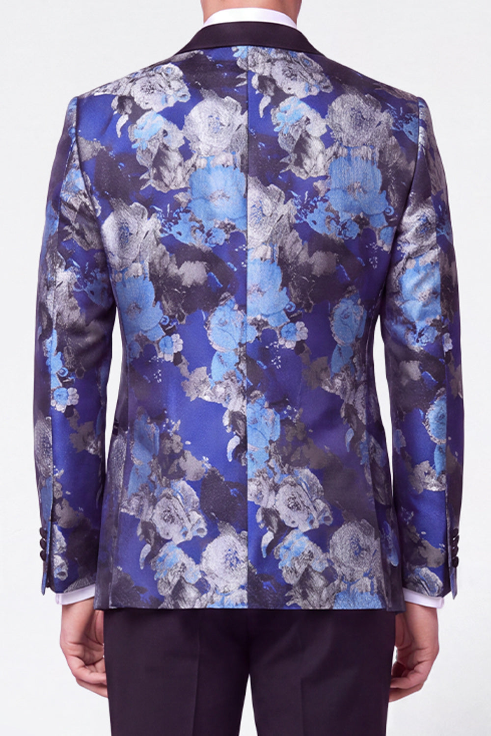 Costumes de bal pour hommes 2 pièces noirs et bleus à revers pointus en jacquard et à simple boutonnage