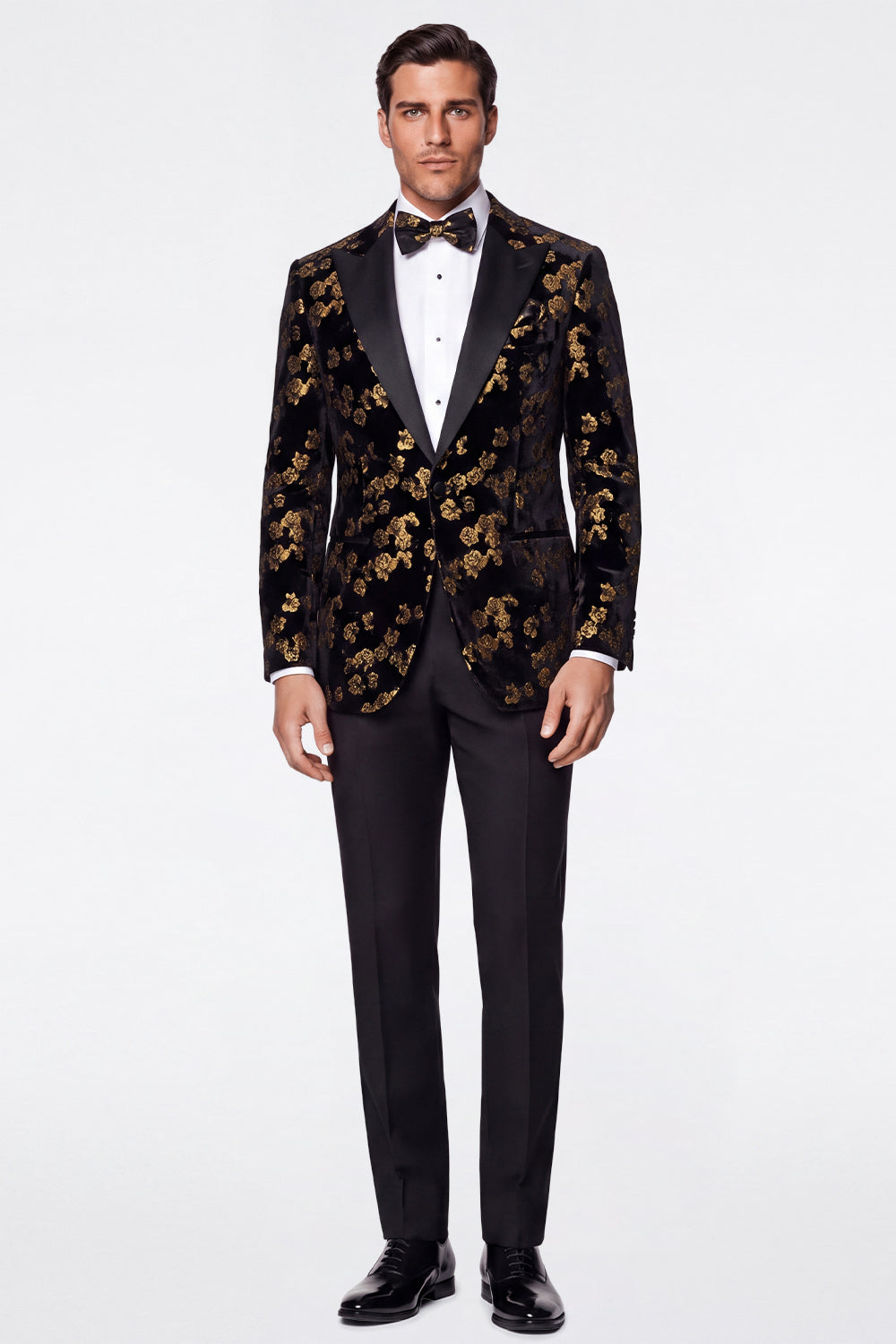 Black Golden 2 Piece Peak Lapel Jacquard Single Breasted Men's Prom Suits