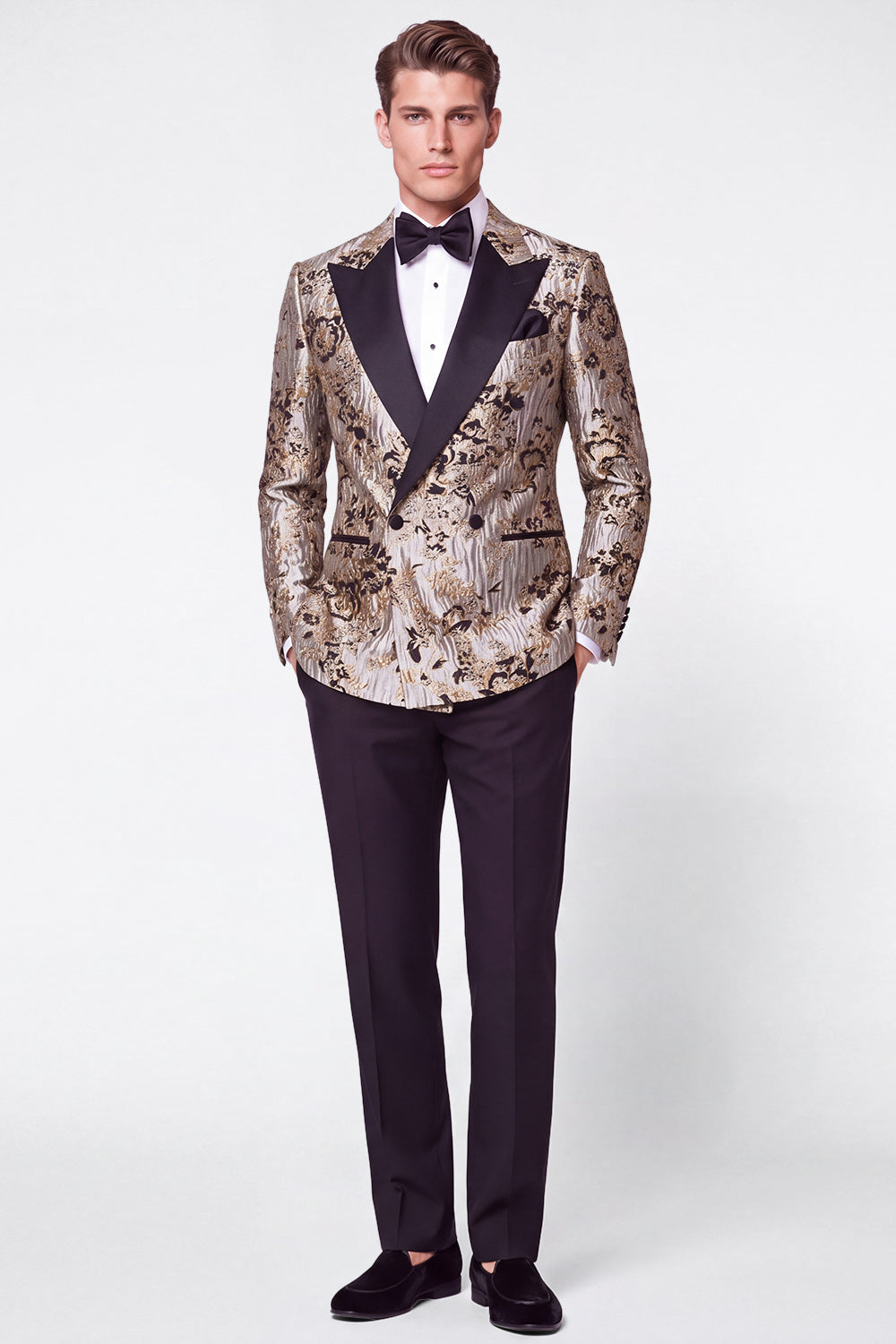 Black Silver 2 Piece Double Breasted Jacquard Peak Lapel Men's Prom Suits