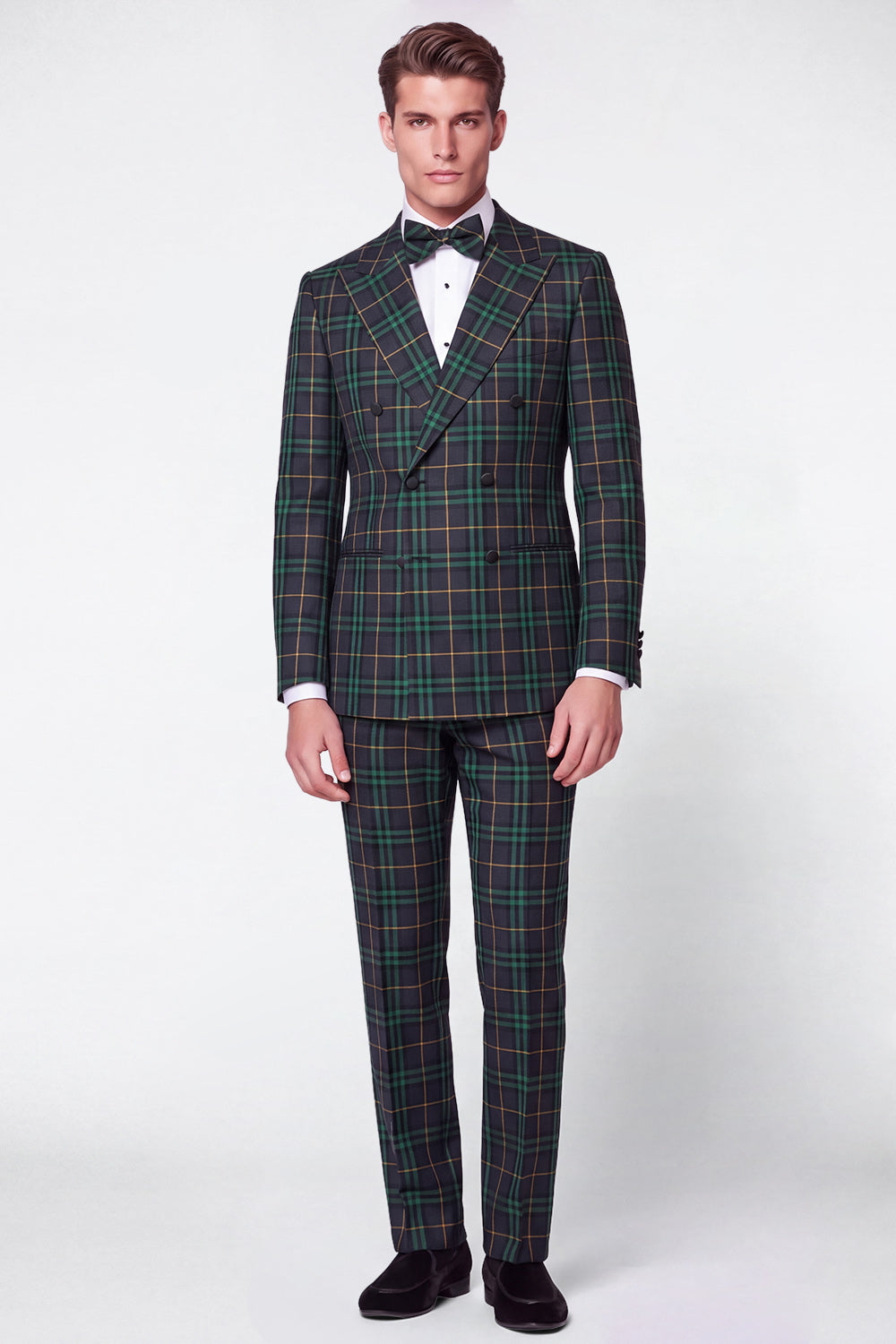 Green Grid 2 Piece Peak Lapel Double Breasted Men's Prom Suits