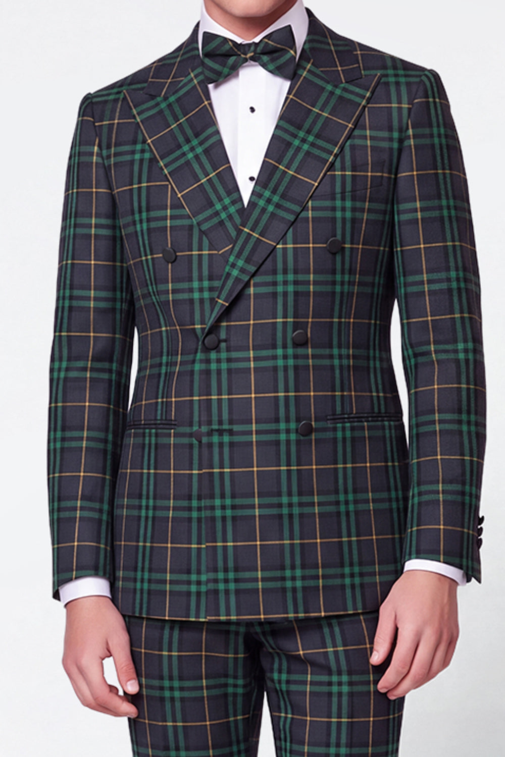 Green Grid 2 Piece Peak Lapel Double Breasted Men's Prom Suits