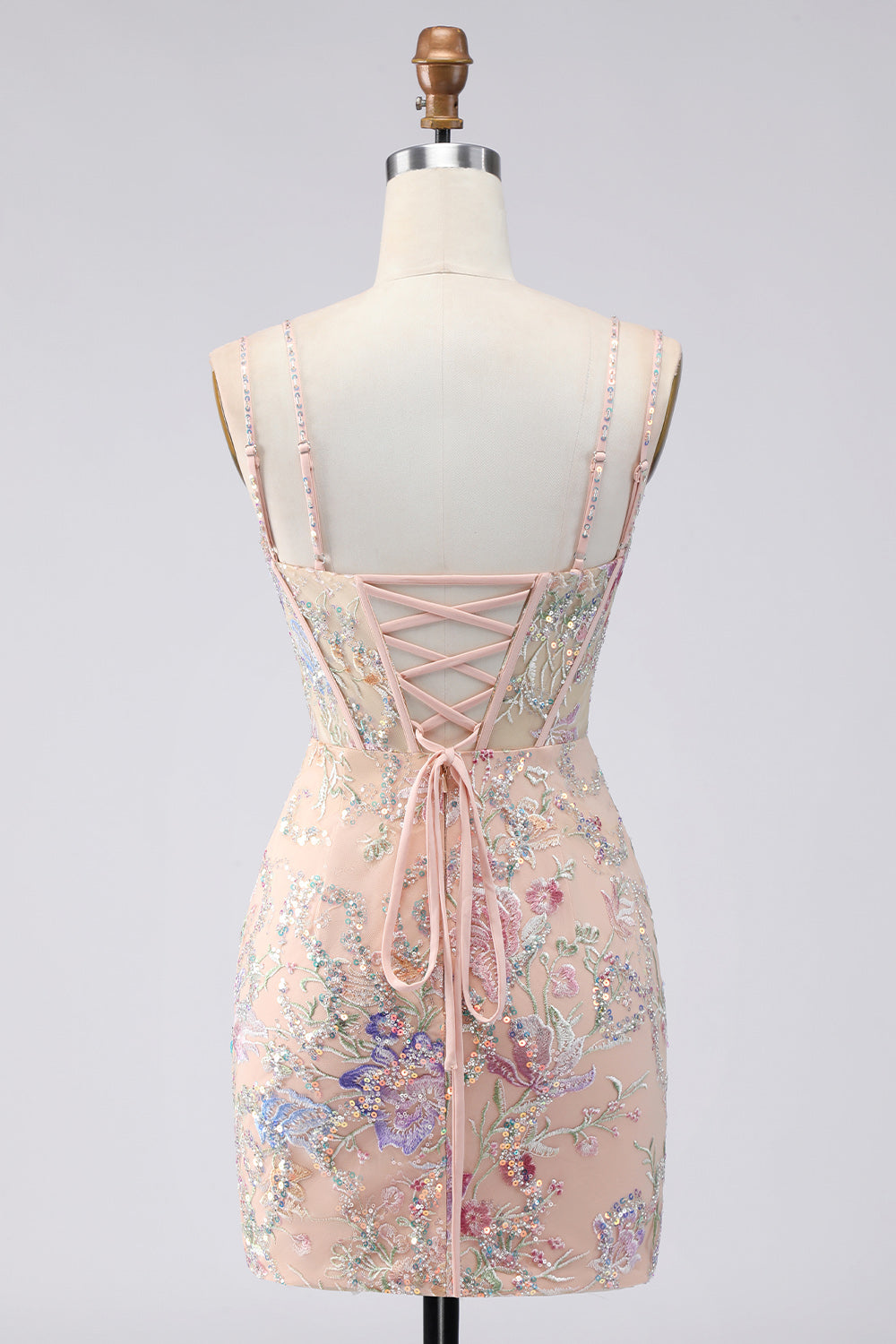 Bodycon Spaghetti Straps Sequin Floral Embroidery Corset Short Homecoming Dress