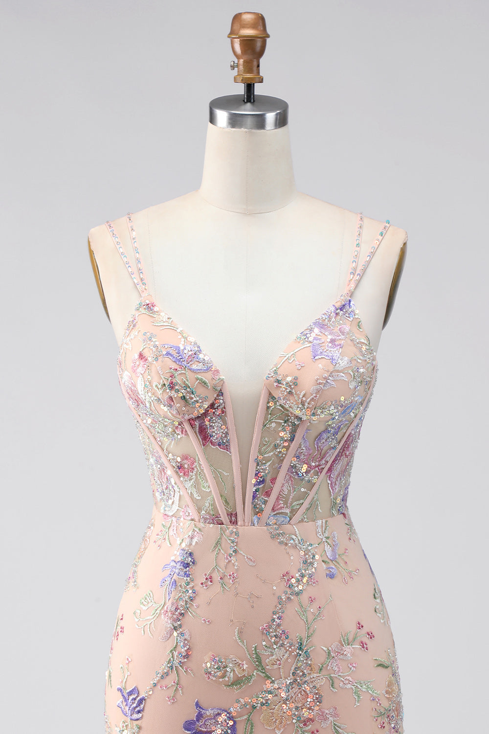 Bodycon Spaghetti Straps Sequin Floral Embroidery Corset Short Homecoming Dress