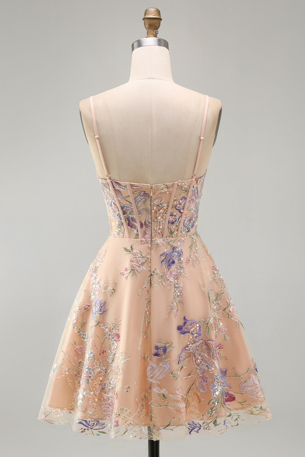 Apricot A-Line Sequin Corset Floral Embroidery Short Homecoming Dress