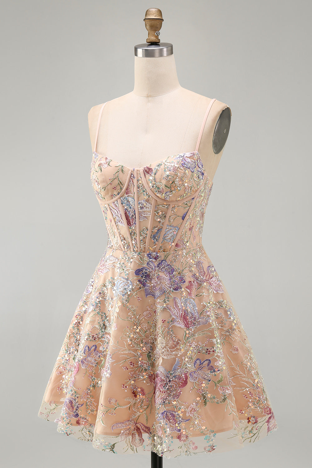 Apricot A-Line Sequin Corset Floral Embroidery Short Homecoming Dress