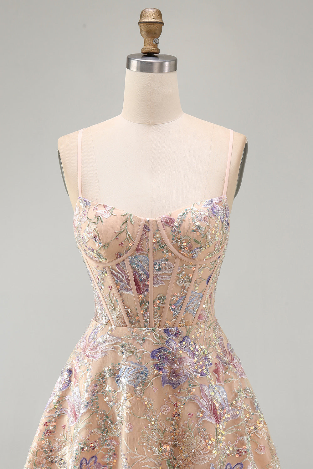 Apricot A-Line Sequin Corset Floral Embroidery Short Homecoming Dress