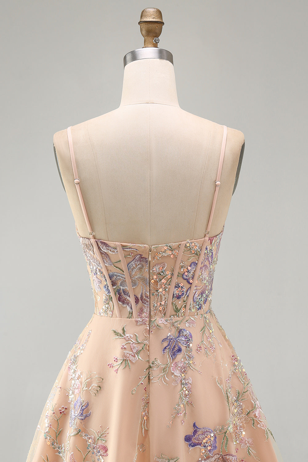 Apricot A-Line Sequin Corset Floral Embroidery Short Homecoming Dress