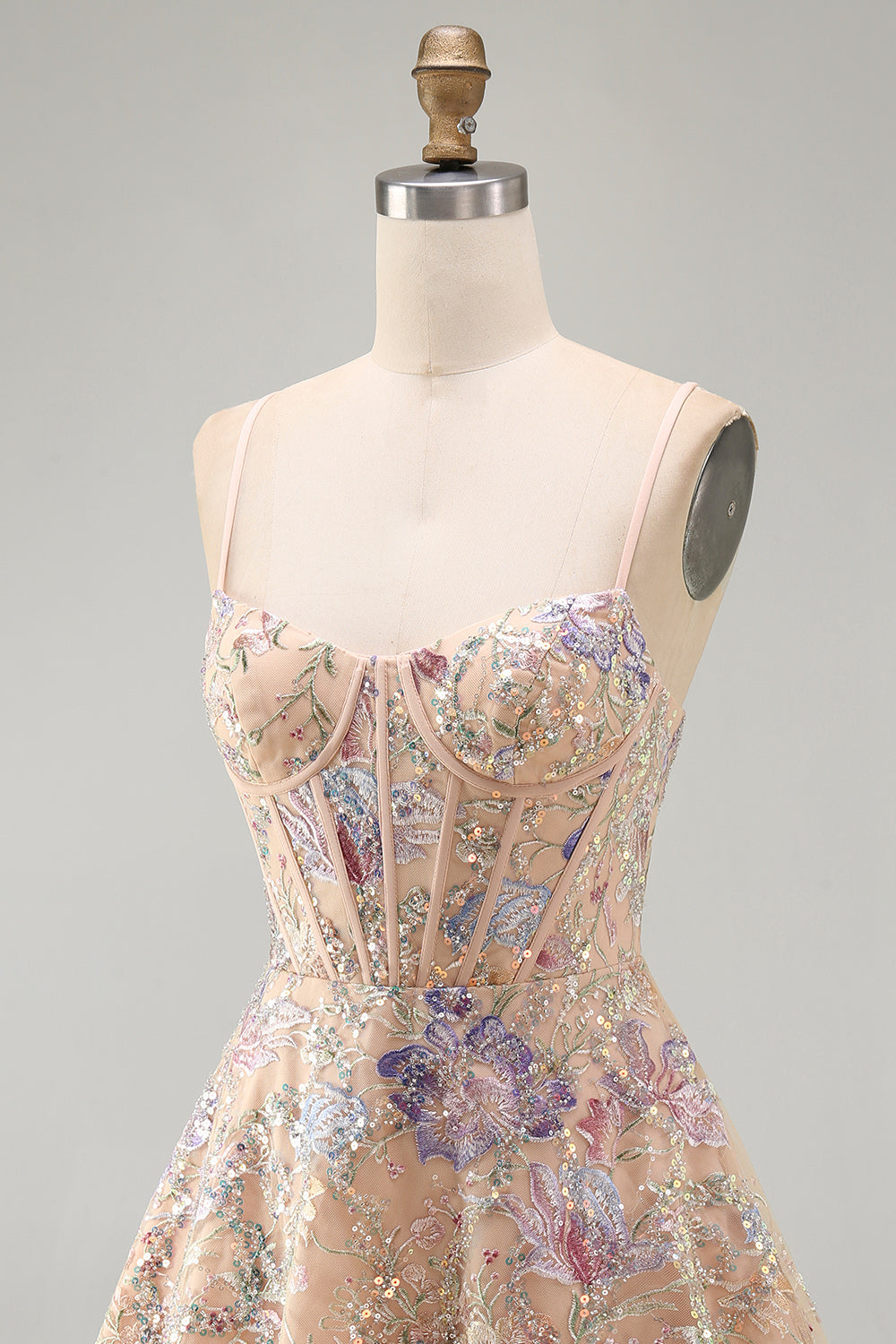 Apricot A-Line Sequin Corset Floral Embroidery Short Homecoming Dress