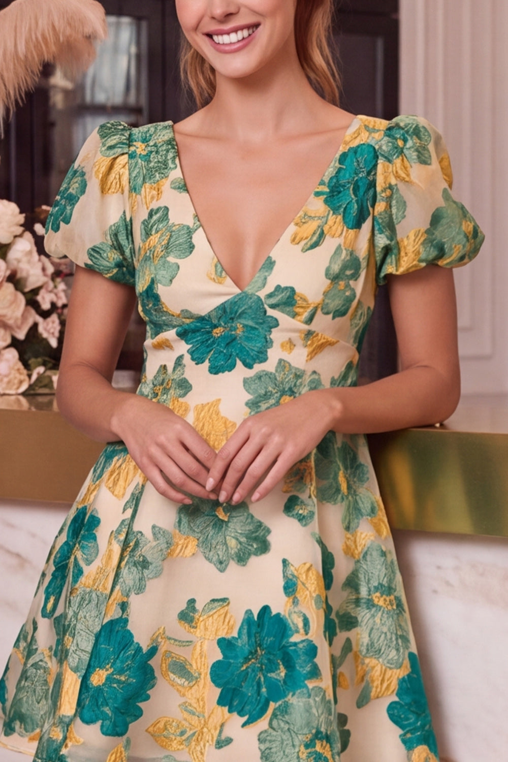 Floral Pink A-Line V-Neck Printed Short Homecoming Dress with Short Sleeves