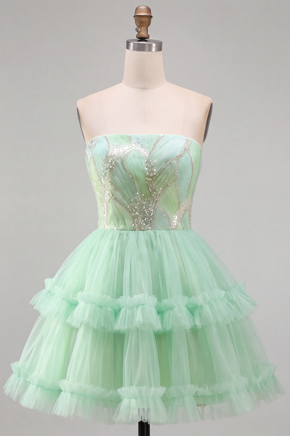 Mint Green Tiered Ruffle Tulle Sequins Strapless Short Homecoming Dress