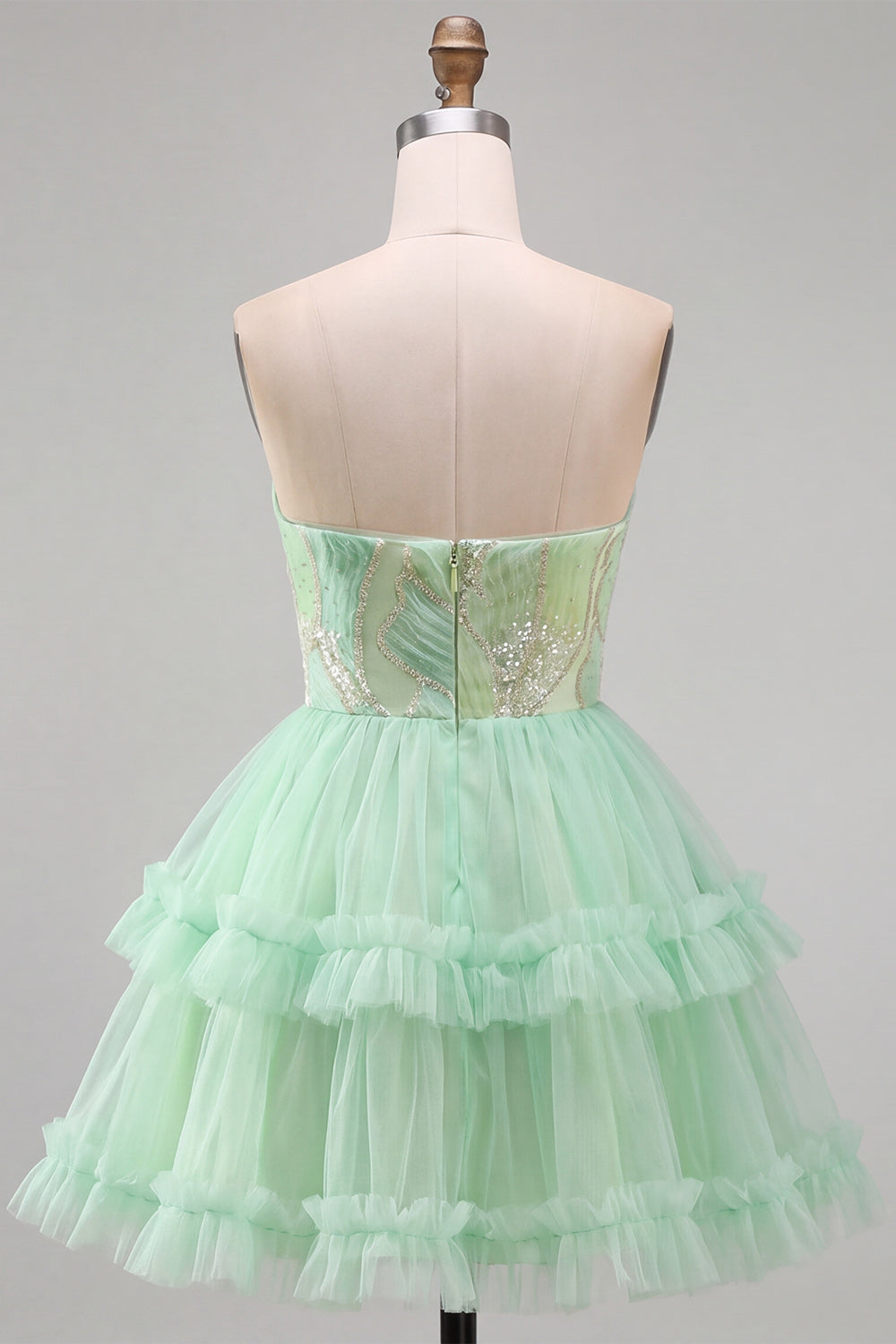 Mint Green Tiered Ruffle Tulle Sequins Strapless Short Homecoming Dress