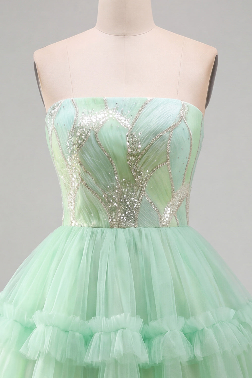 Mint Green Tiered Ruffle Tulle Sequins Strapless Short Homecoming Dress