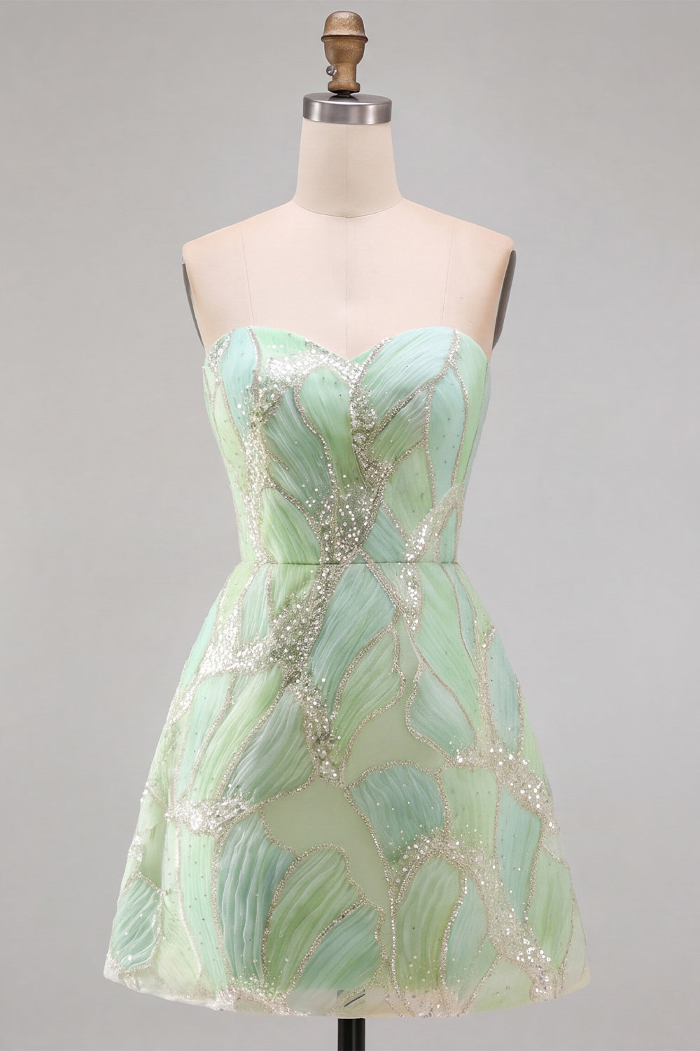Vestido corto de regreso a casa sin tirantes con lentejuelas línea A verde menta