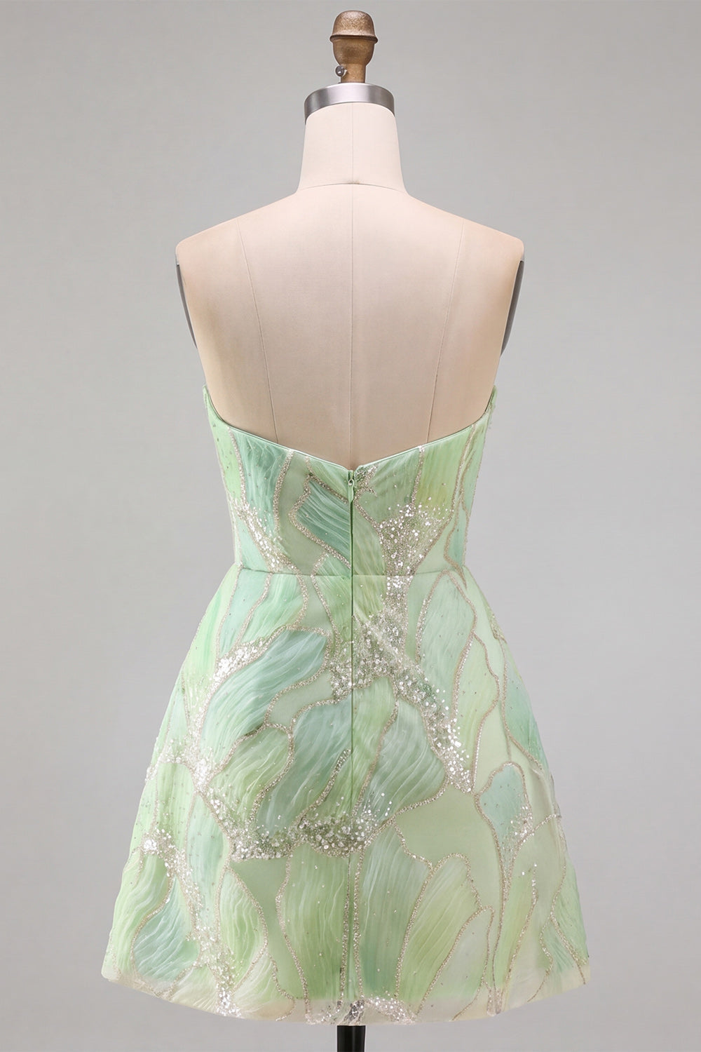 Vestido corto de regreso a casa sin tirantes con lentejuelas línea A verde menta
