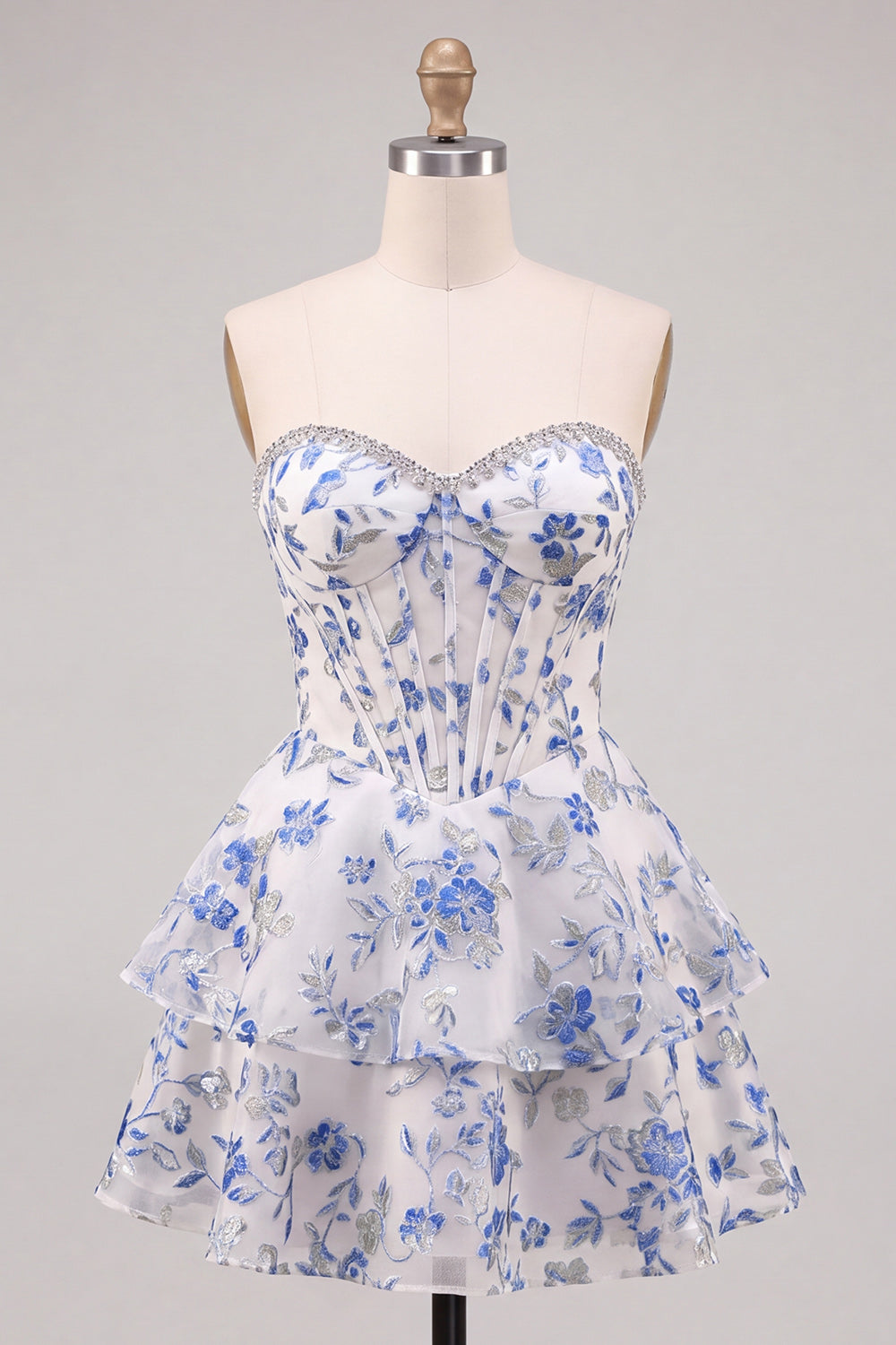 Blue Flower Corset A-Line Rhinestones Tiered Homecoming Dress with Ruffles