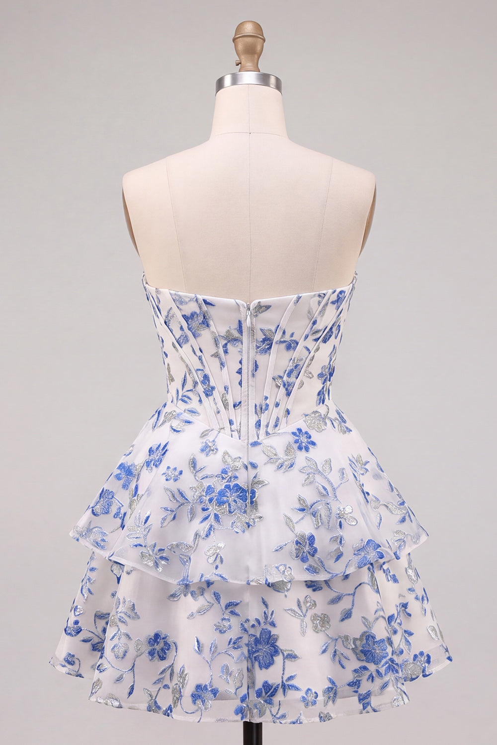 Blue Flower Corset A-Line Rhinestones Tiered Homecoming Dress with Ruffles