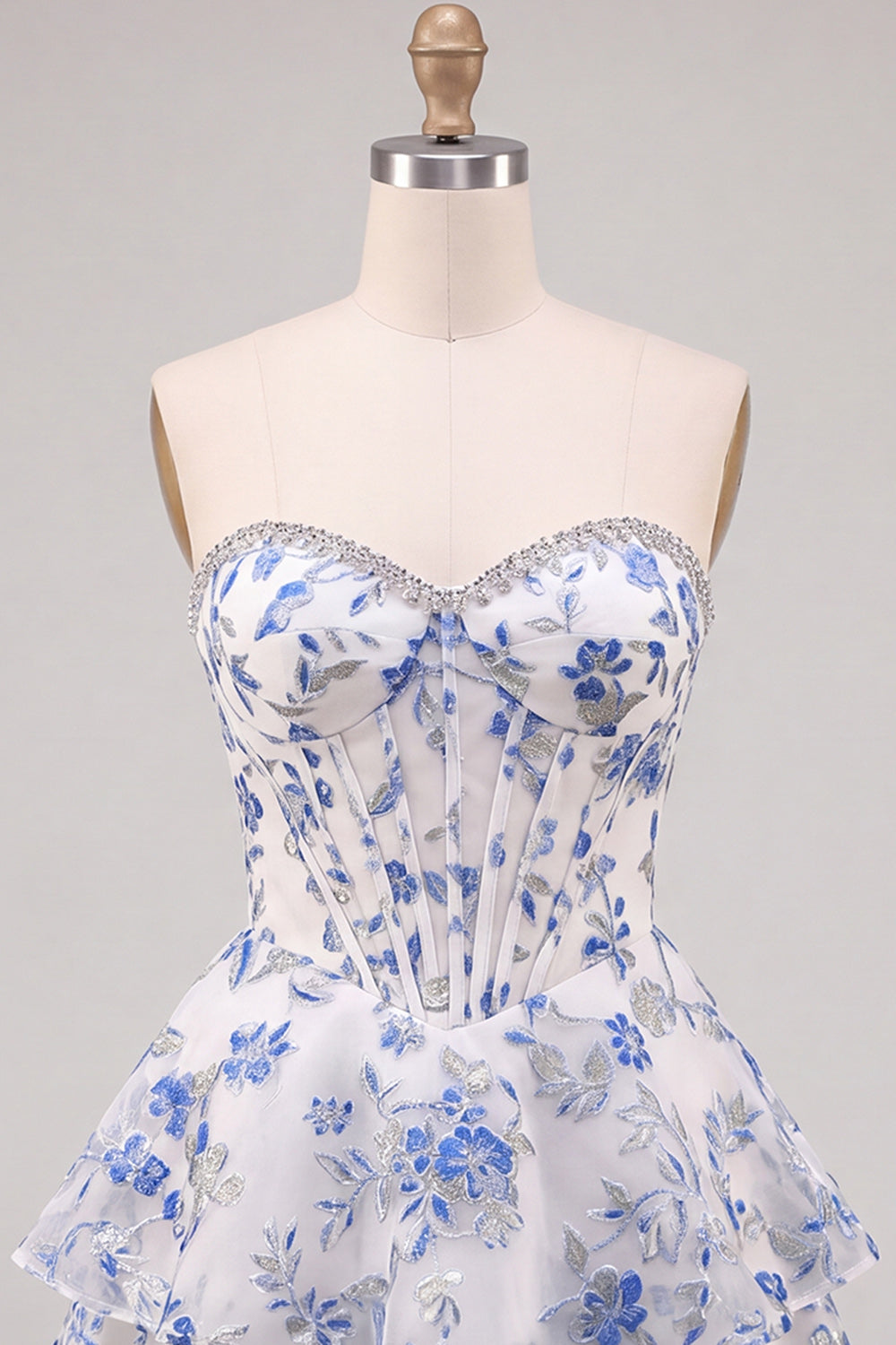 Blue Flower Corset A-Line Rhinestones Tiered Homecoming Dress with Ruffles