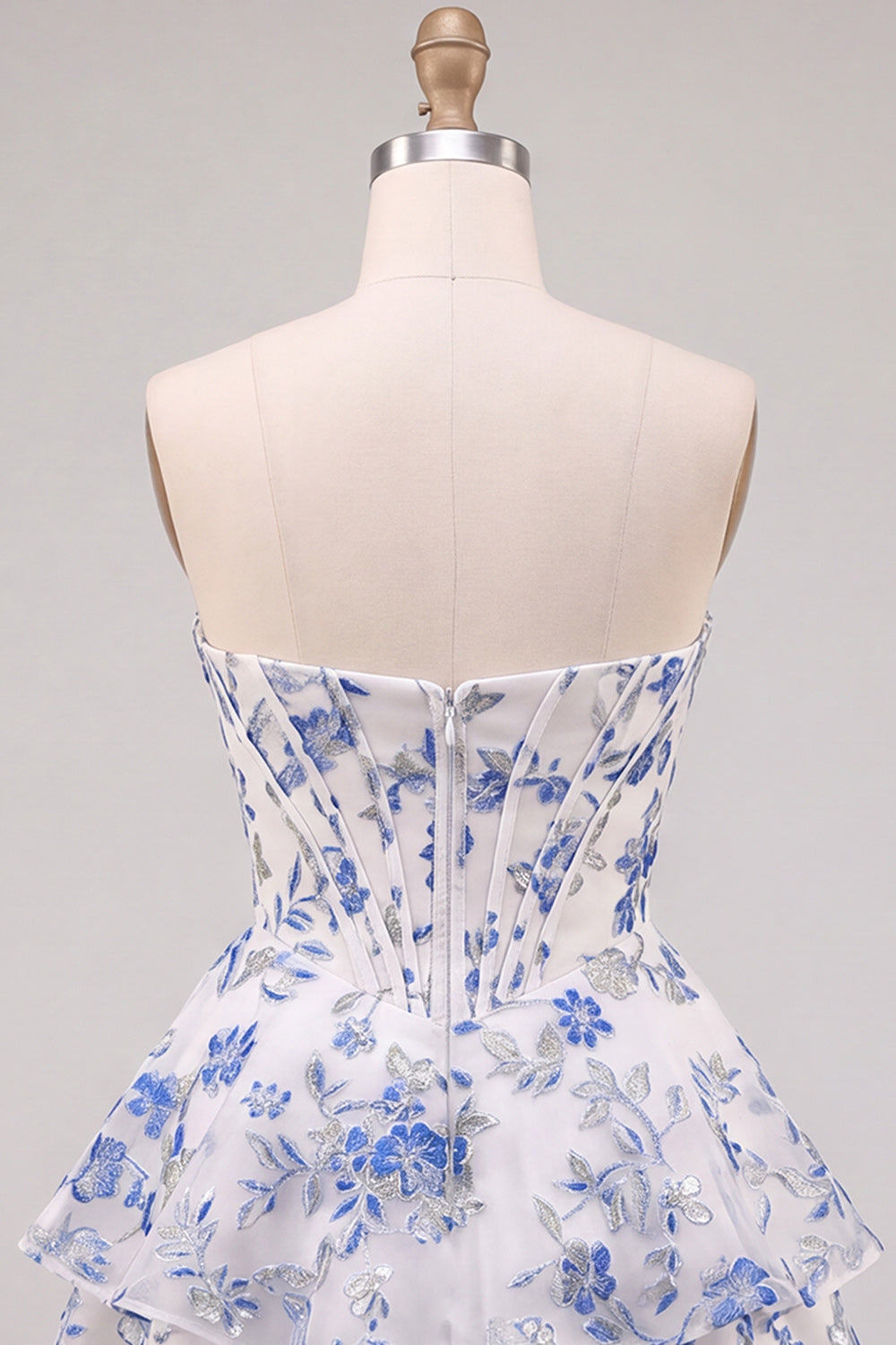 Blue Flower Corset A-Line Rhinestones Tiered Homecoming Dress with Ruffles