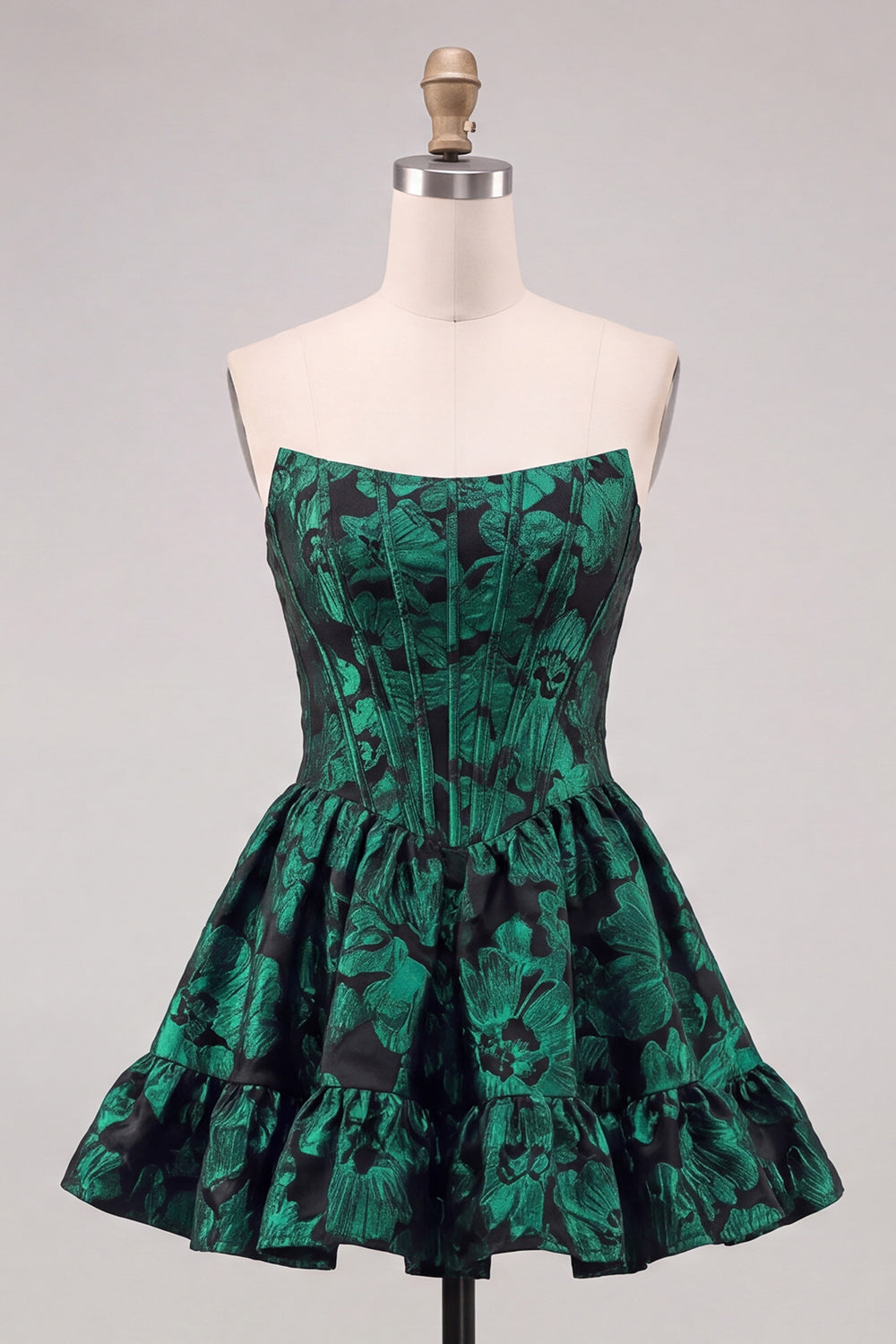 Dark Green Corset Strapless A-Line Floral Embroidery Short Homecoming Dress