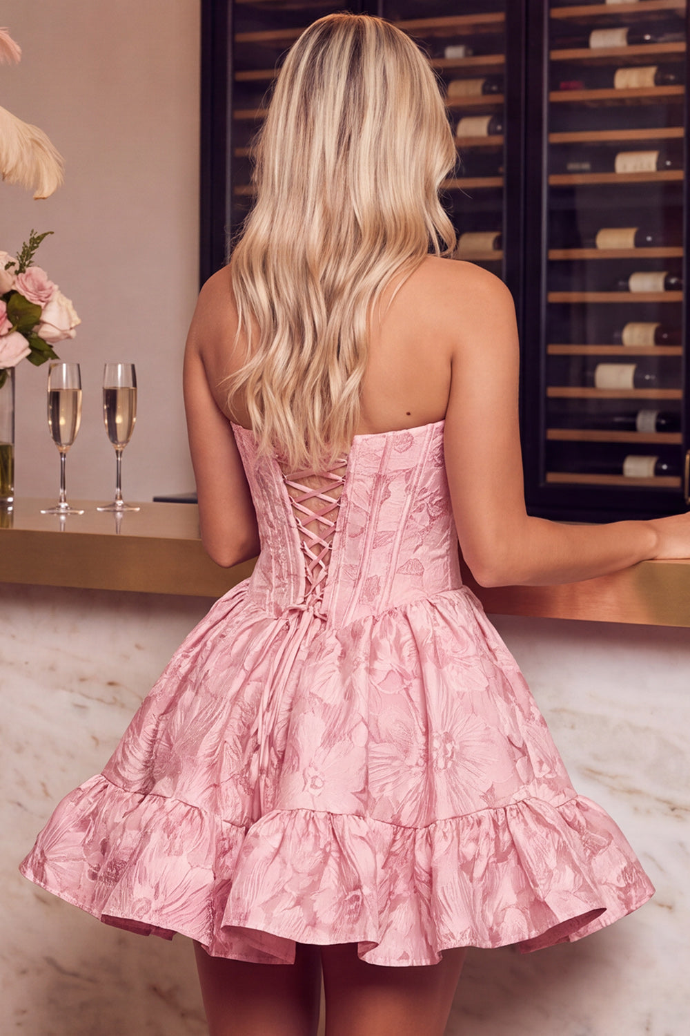Dark Green Corset Strapless A-Line Floral Embroidery Short Homecoming Dress