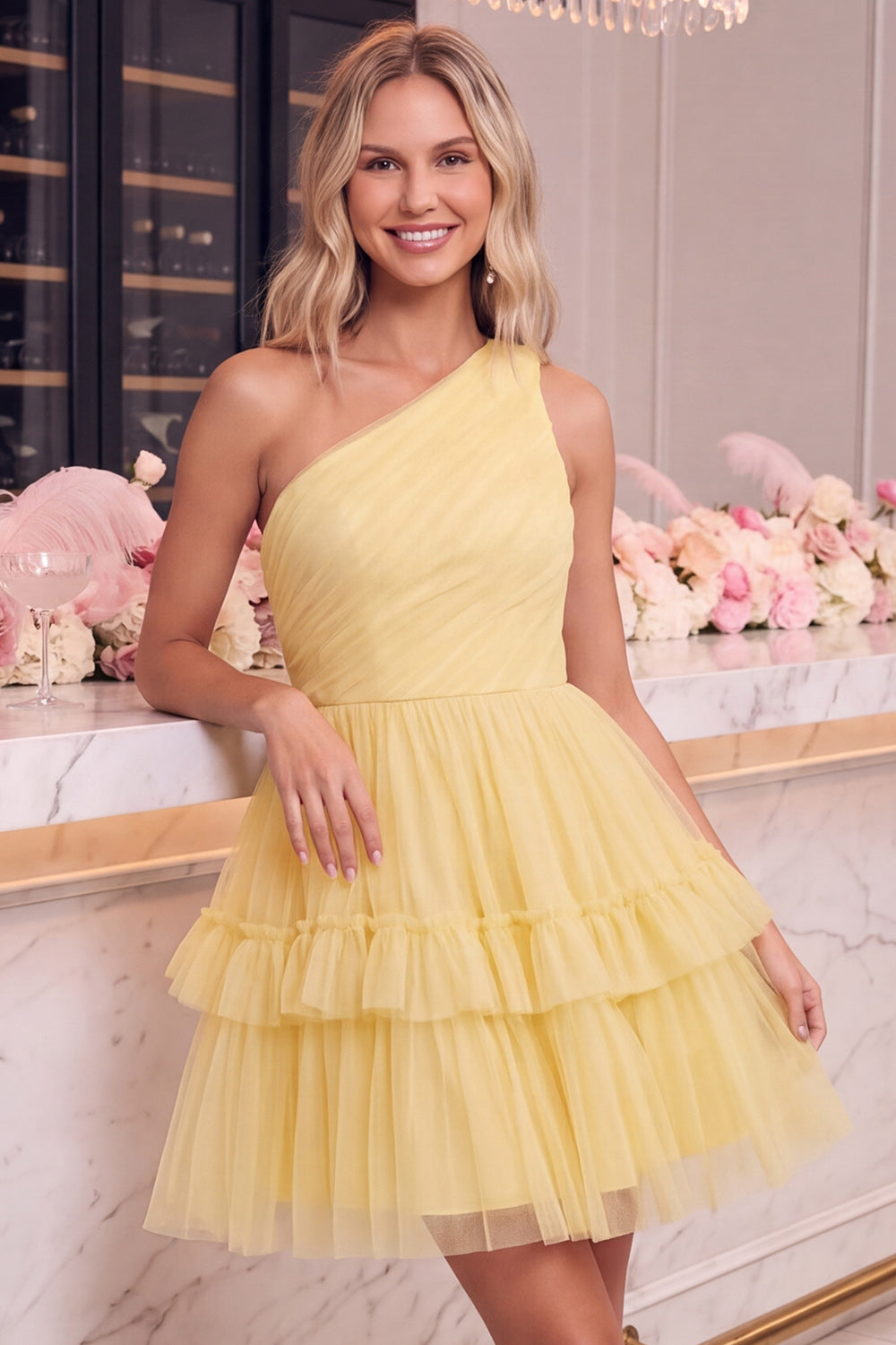 One Shoulder Yellow Tulle A-Line Tiered Mini Homecoming Dress with Ruffles