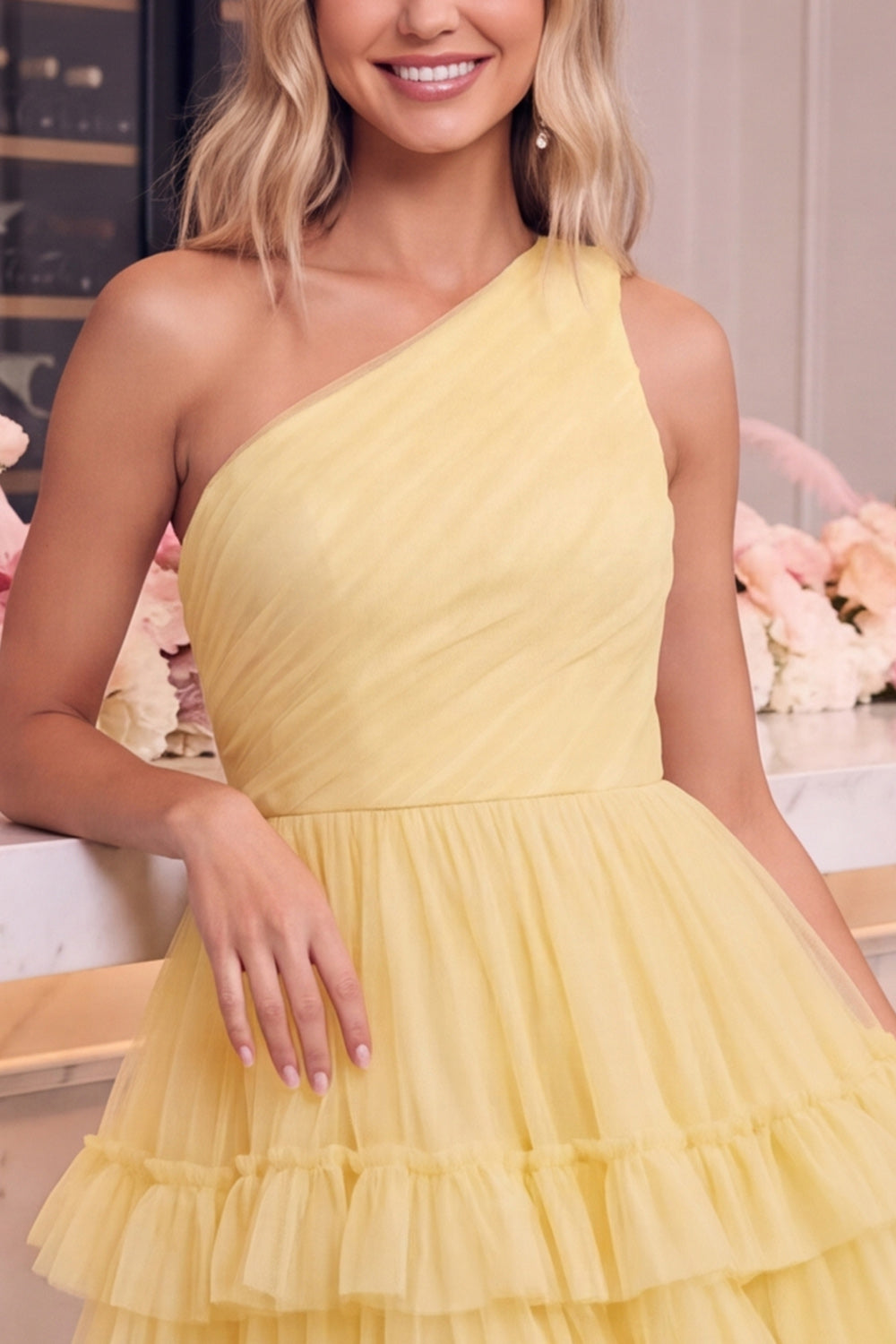One Shoulder Yellow Tulle A-Line Tiered Mini Homecoming Dress with Ruffles