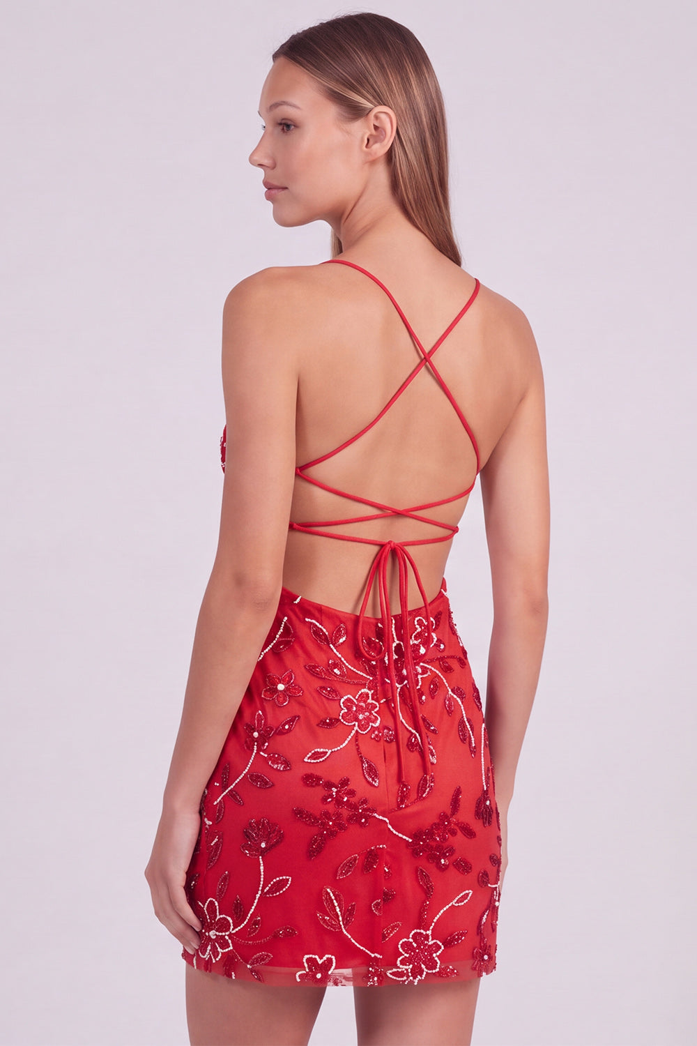 Pink Floral Bodycon Sequins Beaded Short Homecoming Dress with Lace Up Back