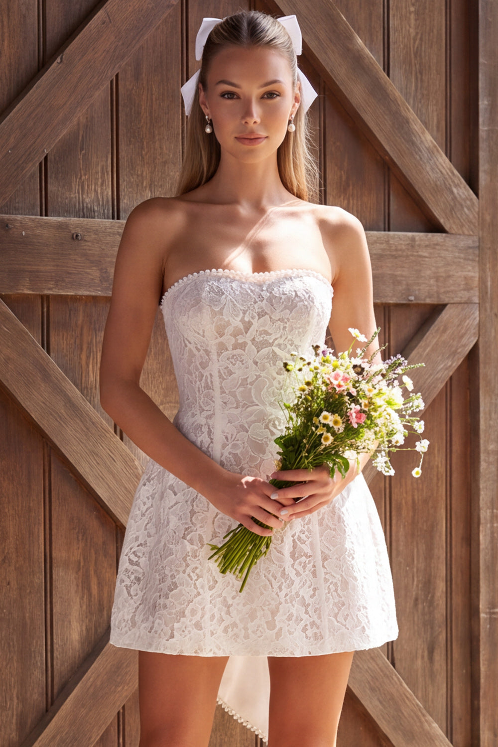 Ivory Lace Strapless A-Line Pearl Short Bridal Shower Dress with Bow