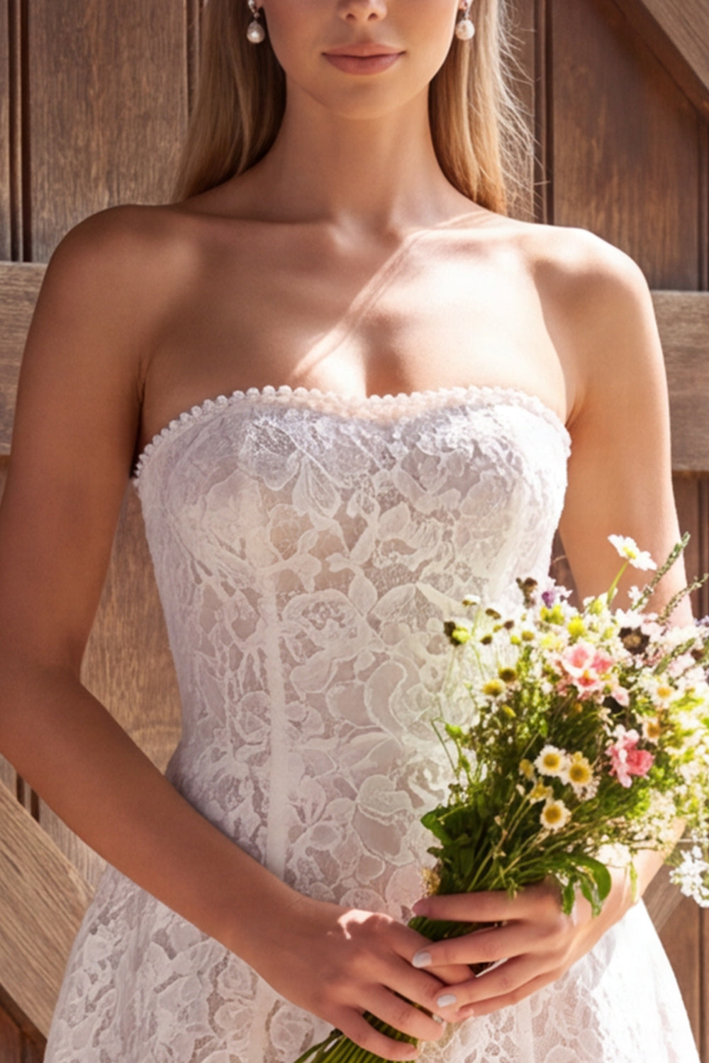 Ivory Lace Strapless A-Line Pearl Short Bridal Shower Dress with Bow