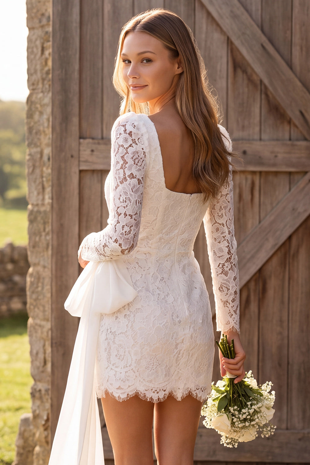 Ivory Ruched Bodycon Square Neck Lace Long-Sleeve Short Bridal Shower Dress with Bow