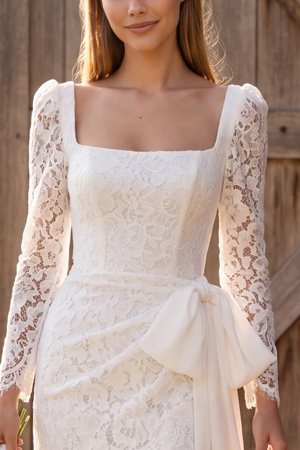 Ivory Ruched Bodycon Square Neck Lace Long-Sleeve Short Bridal Shower Dress with Bow