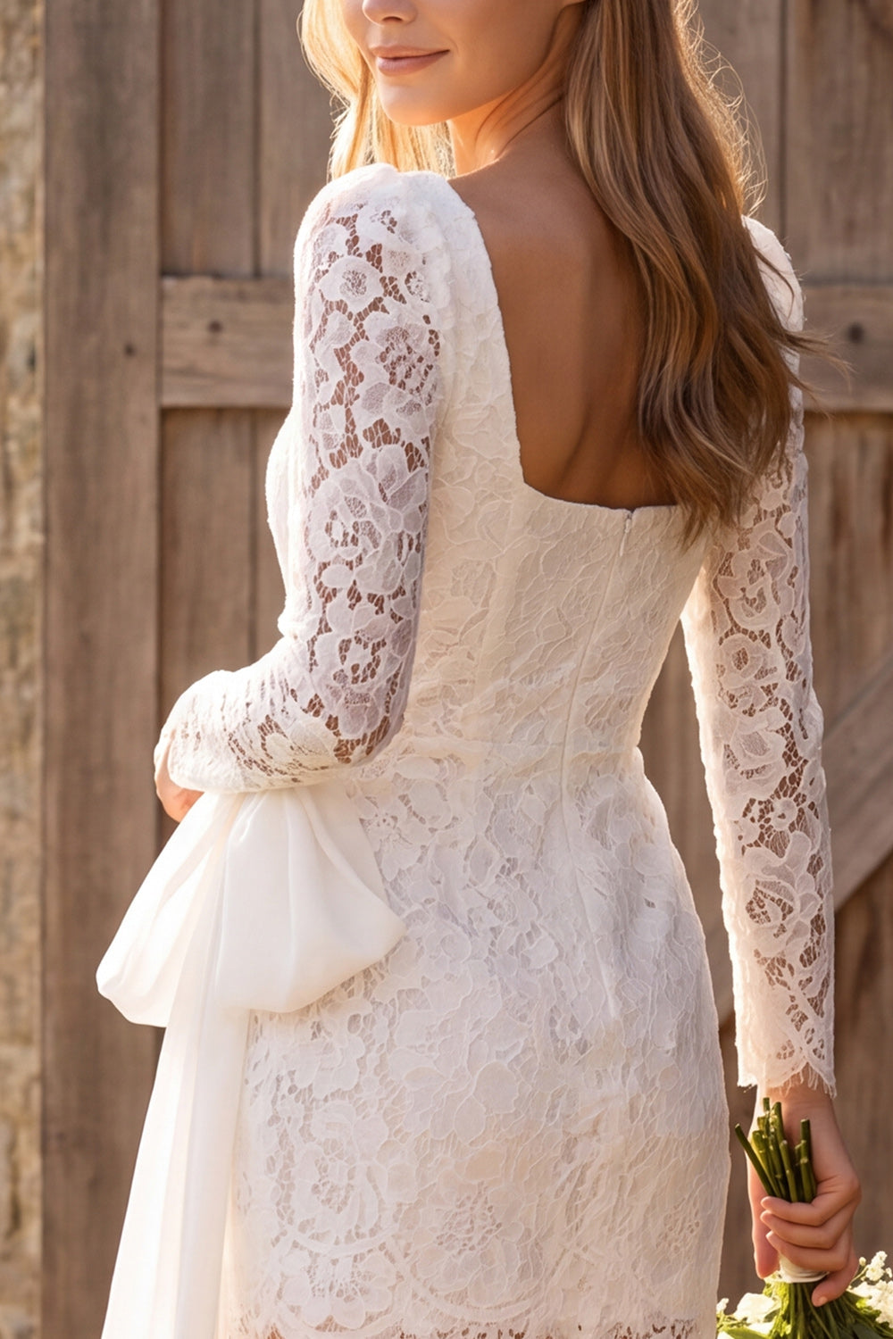Ivory Ruched Bodycon Square Neck Lace Long-Sleeve Short Bridal Shower Dress with Bow