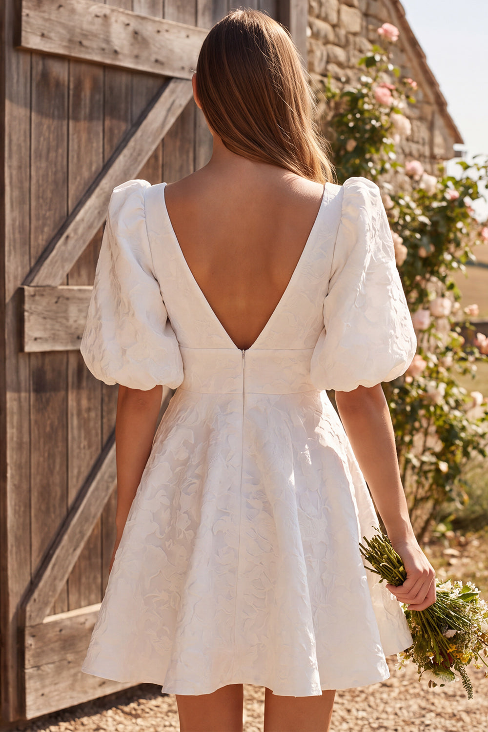 Ivory A-Line V-Neck Jacquard Puff Sleeves Short Bridal Shower Dress