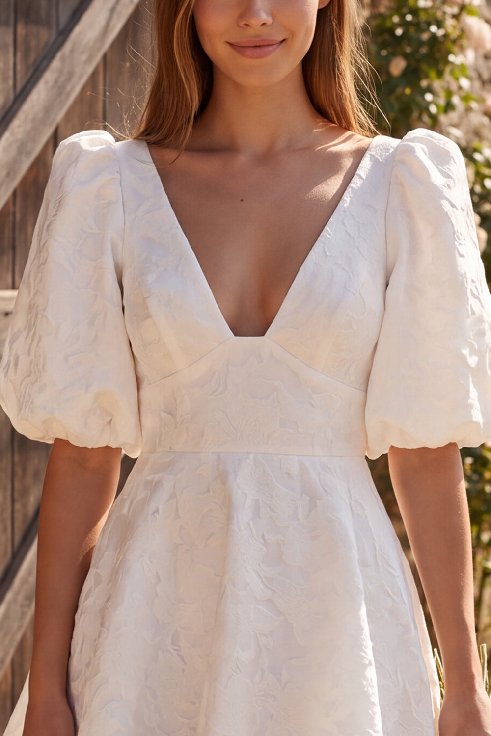 Ivory A-Line V-Neck Jacquard Puff Sleeves Short Bridal Shower Dress