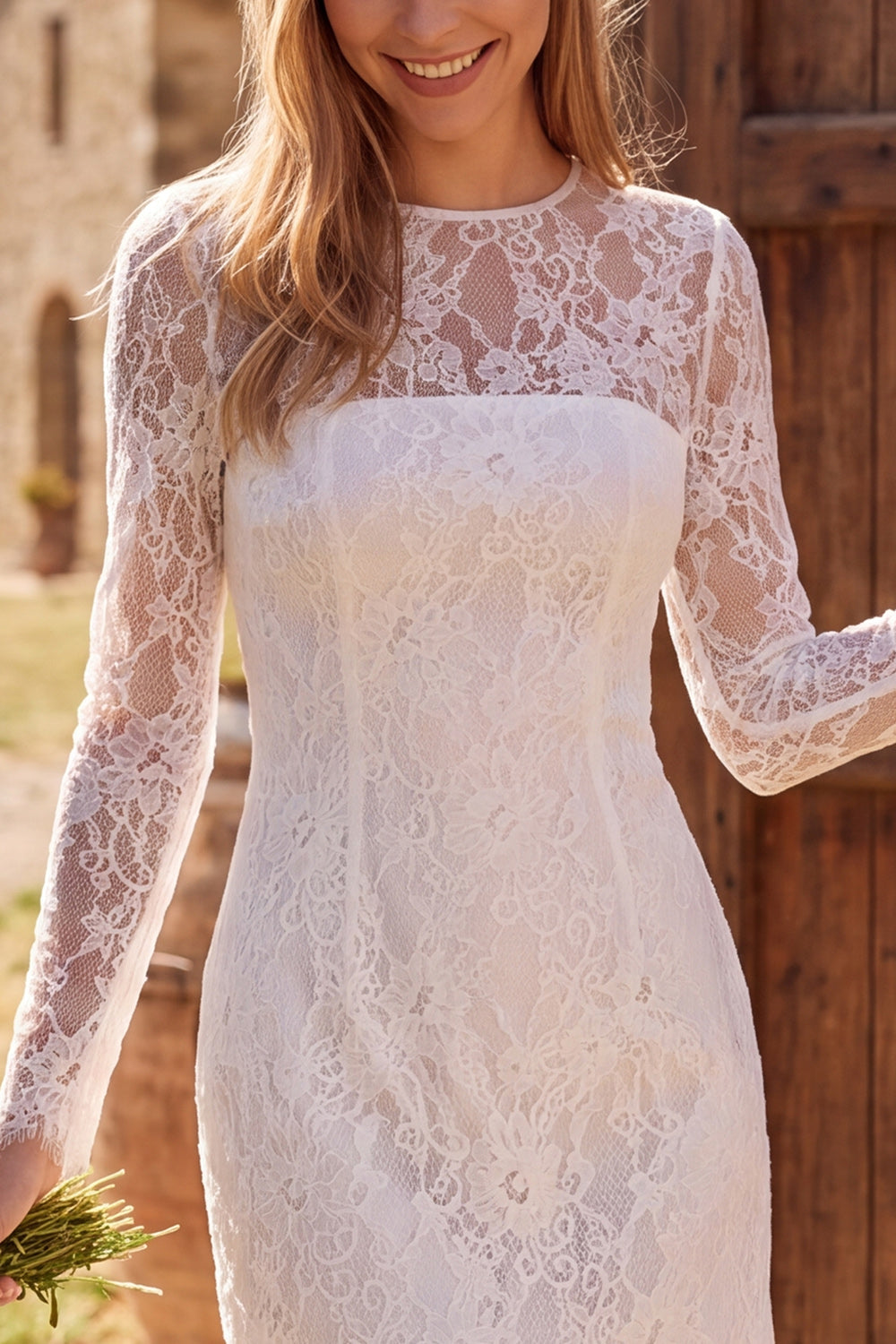 Ivory Bodycon Illusion Neck Long Sleeves Lace Short Bridal Shower Dress