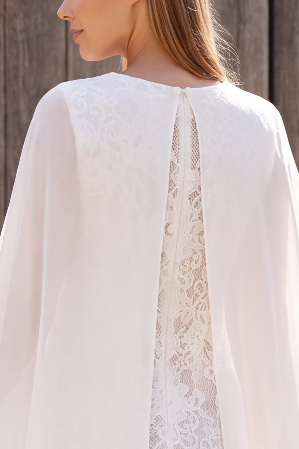 Ivory Bateau Neck Lace Sheath Short Bridal Shower Dress with Cape