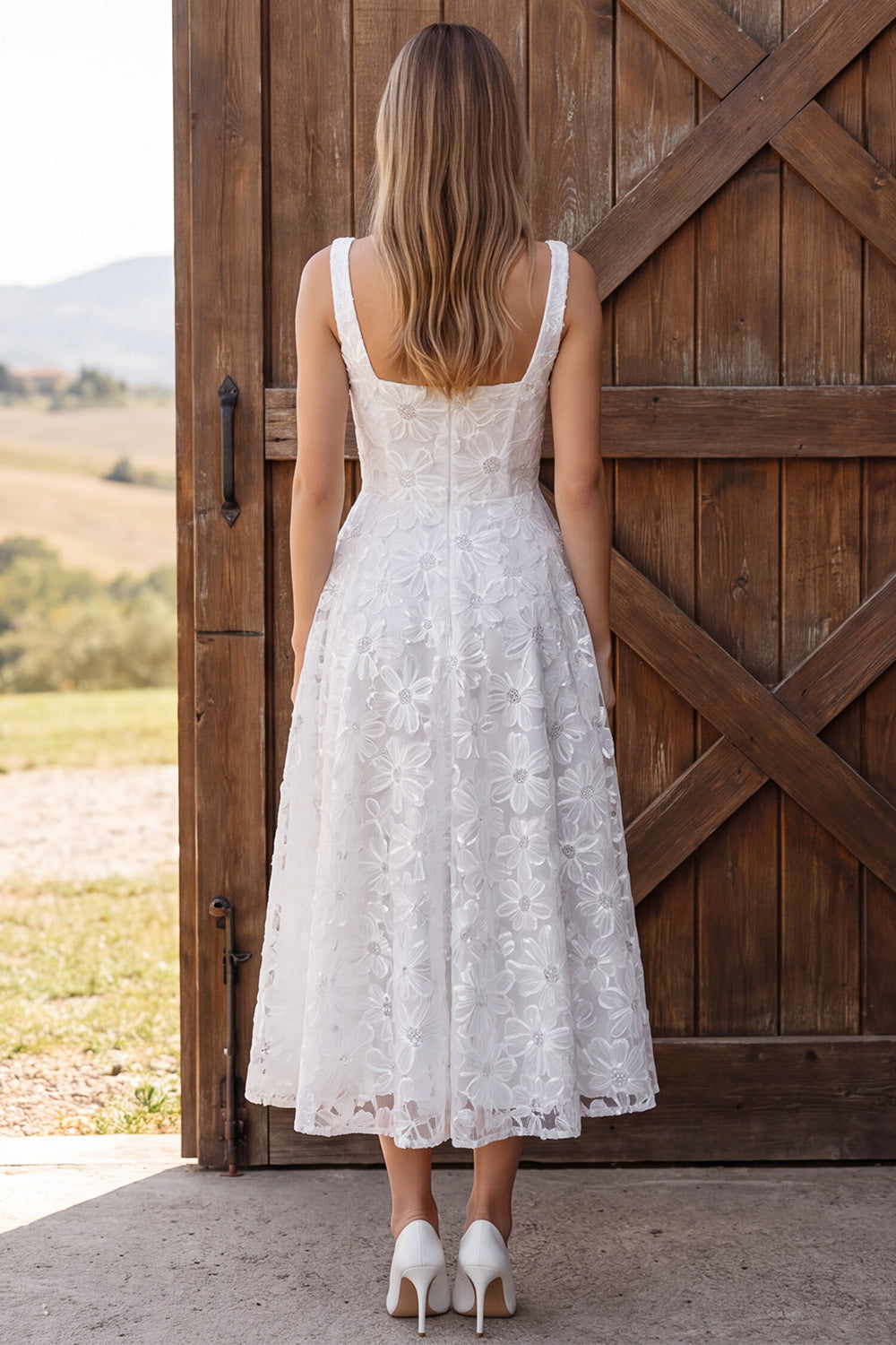 Ivory Floral A-Line Square Neck Appliqued Midi Bridal Shower Dress