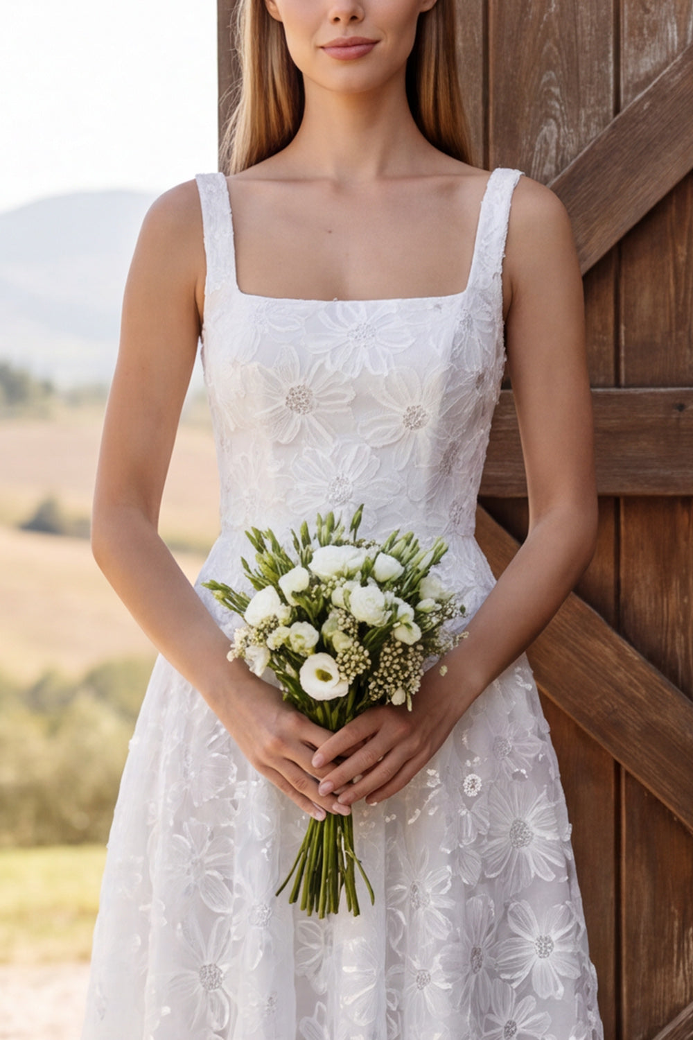 Ivory Floral A-Line Square Neck Appliqued Midi Bridal Shower Dress