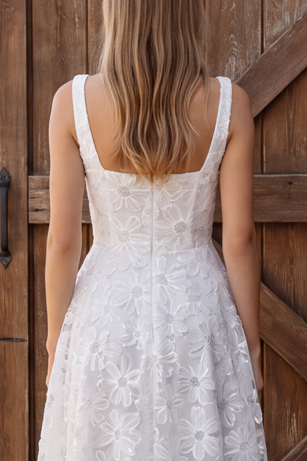 Ivory Floral A-Line Square Neck Appliqued Midi Bridal Shower Dress